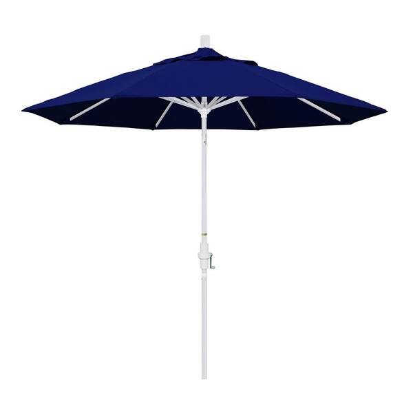 California Umbrella 9 ft. Matted White Aluminum Collar Tilt Crank Lift Market Patio Umbrella in True Blue Sunbrella