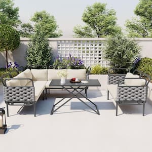 5-Piece Metal Patio Conversation Set Outdoor Woven Rope Furniture Set with Glass Table Cushion with Beige Cushions