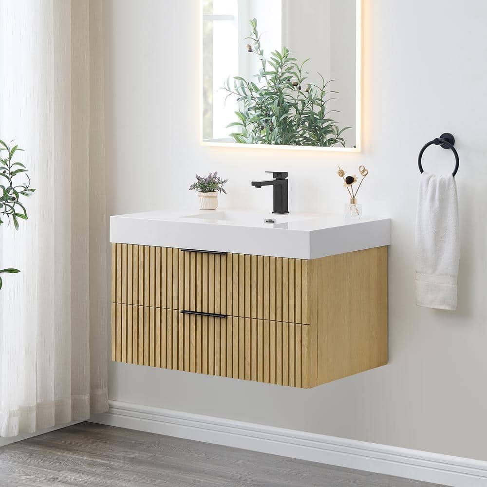 Livia 36" Nature Brown Fir Wood Wall-Mounted Vanity with White Sink