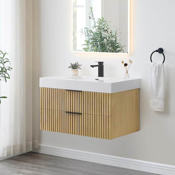 Livia 36 in.W Single Sink Floating Bath Vanity in Nature Brown with White Stone Top
