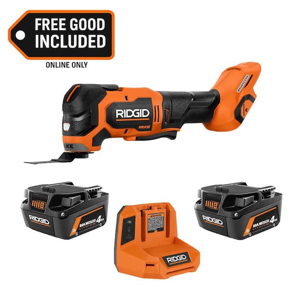 Home Depot: RIDGID 18V MAX Output Starter Kit w/ (2) 4.0 Ah Batteries & Charger w/ 18V NUKE SubCompact Brushless Cordless Multi-Tool (AC8609340SB-RNKSMT01B)
