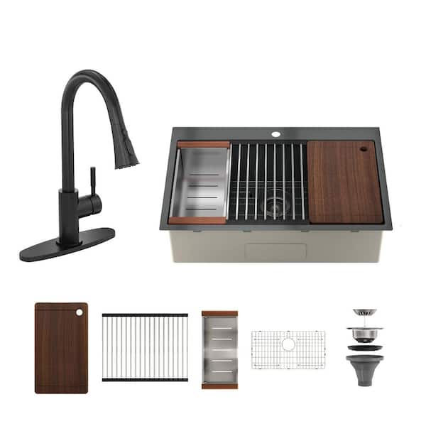 33 in. Drop-In Single Bowl 18-Gauge Black PVD Stainless Steel Kitchen Sink with Matte Black Faucet and Accessories Kits