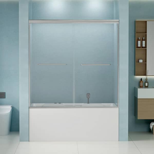 Reversible 56 to 60 in. W x 58 in. H Semi-Frameless Double Sliding Tub Door in Brushed Nickel with Tempered Clear Glass