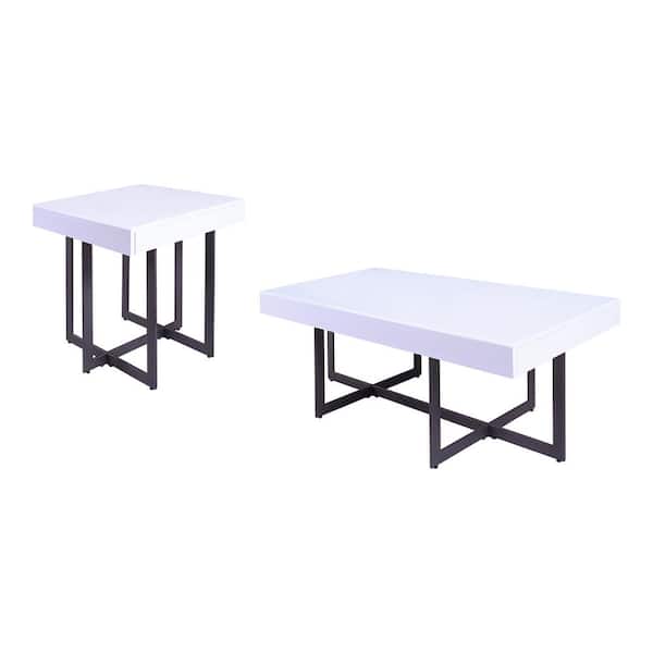 Furniture of America Belaire 2-Piece 47.25 in. White and Gun Metal Rectangle MDF Coffee Table Set