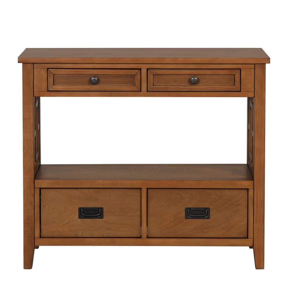 ANBAZAR 36 in. Brown Rectangle Pine Wood Console Table with Storage Drawers and Shelves