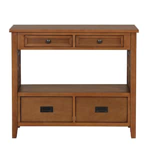 36 in. Brown Rectangle Pine Wood Console Table with Storage Drawers and Shelves