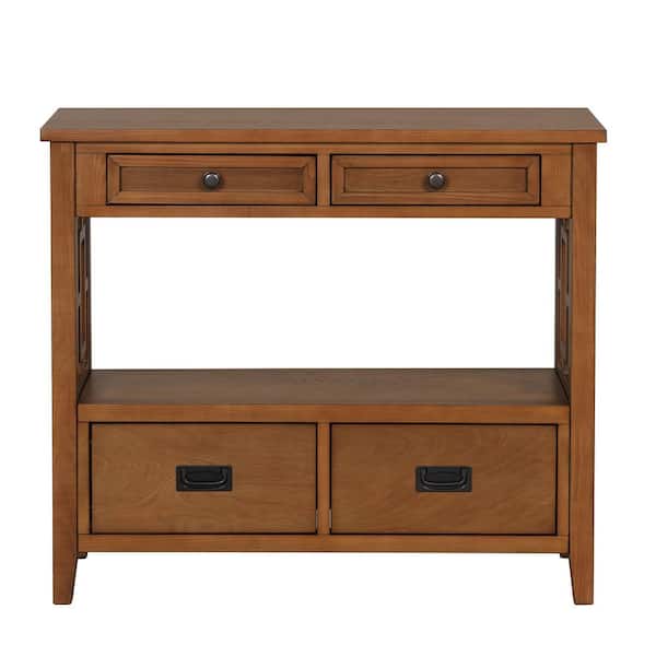 ANBAZAR 36 in. Brown Rectangle Pine Wood Console Table with Storage Drawers and Shelves