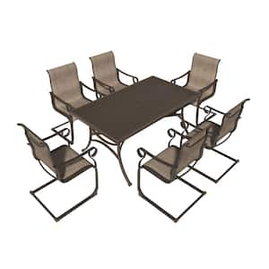 Brown 7-Piece Steel Rectangular Outdoor Dining Set with Umbrella Hole