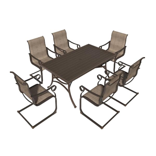 Mondawe Brown 7-Piece Steel Outdoor Patio Dining Set 6 Textilene Dining Chairs and 66 in. W Rectangular Table with Umbrella Hole