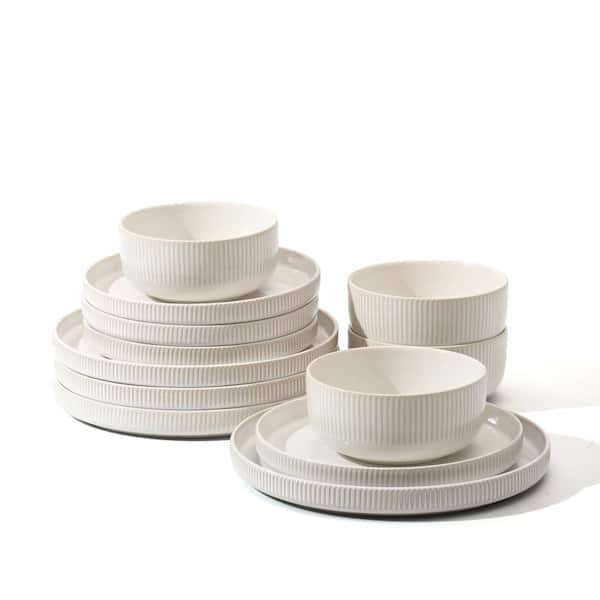 12 Piece Vintage White Stoneware Reactive Glaze Dinnerware Set Service for 4 Set for Home Kitchen