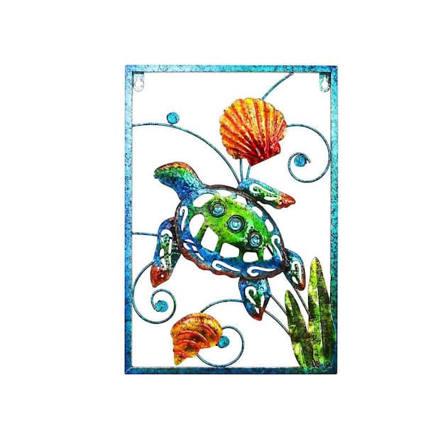 12 in. x 18 in. Metal Sea Turtle Beach Themed Bathroom Wall Art Decor, Living Room Indoor Outdoor Wall Decor