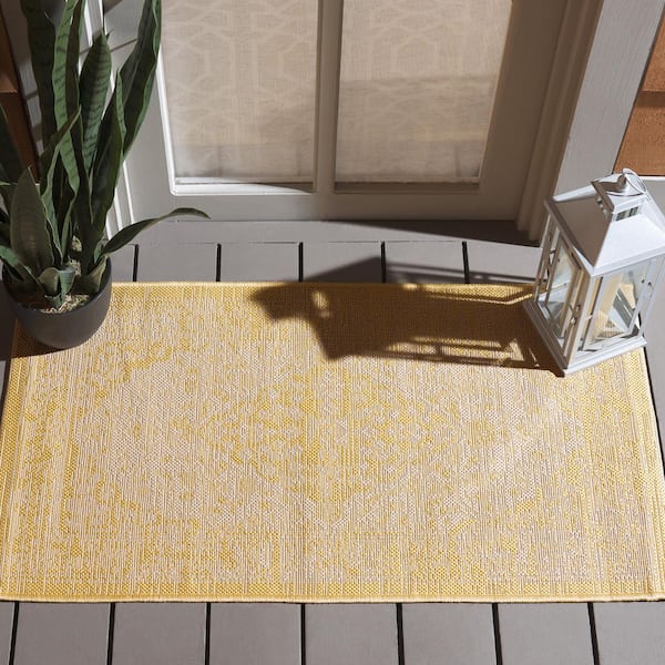 Courtyard Beige/Gold 2 ft. x 4 ft. Medallion Floral Border Indoor/Outdoor Area Rug