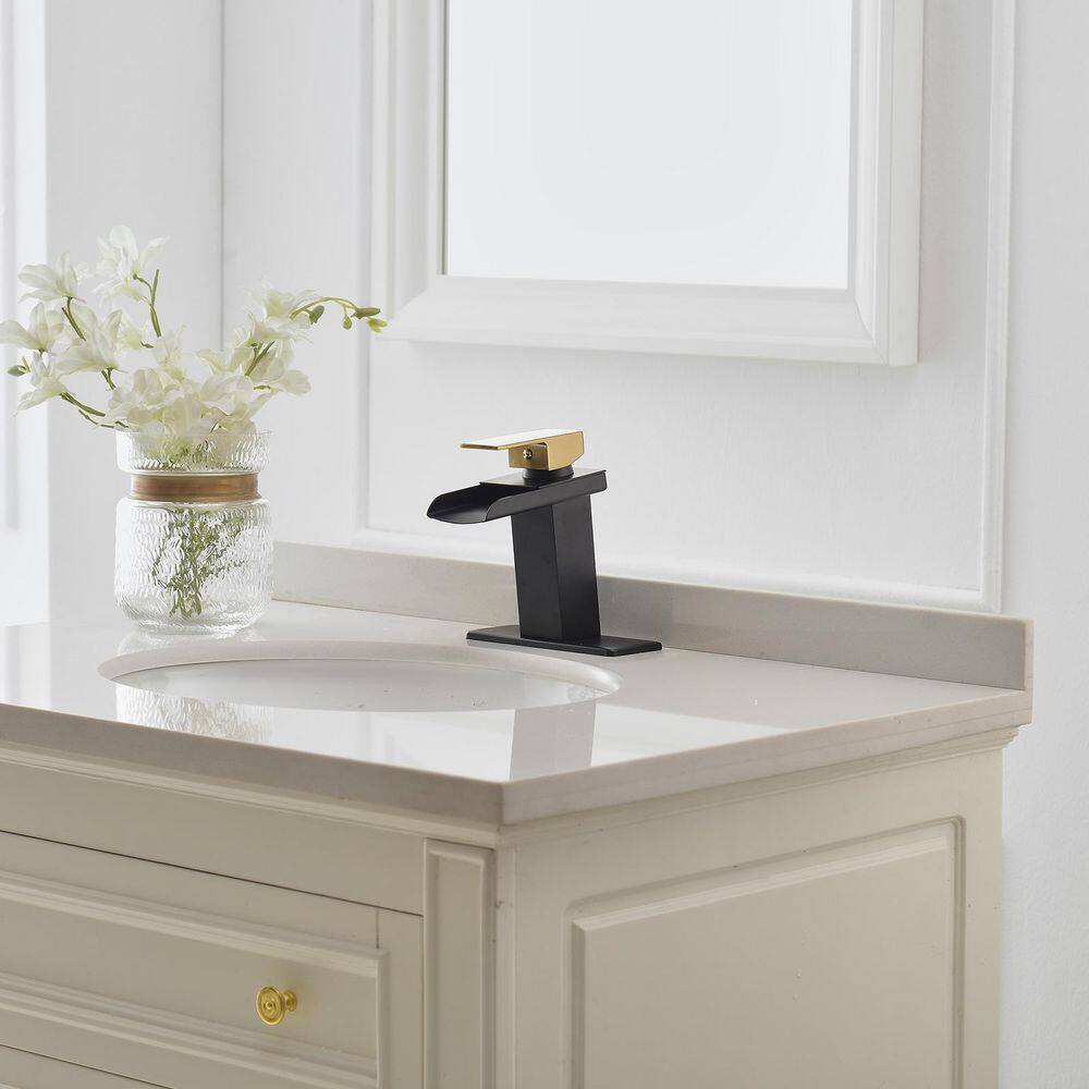 Matte Black and Gold Single-Handle Waterfall Bathroom Faucet