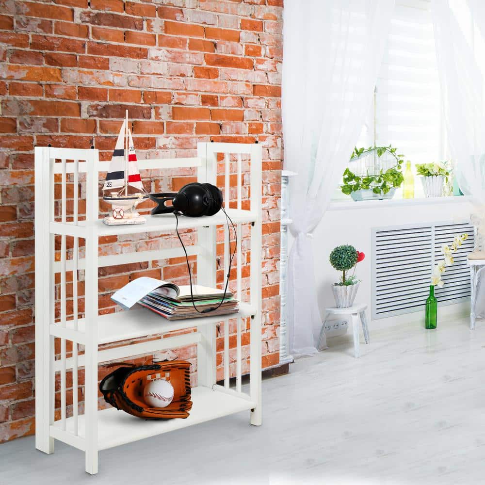 Elegant White Solid Wood 3-Shelf Stackable Folding Bookcase