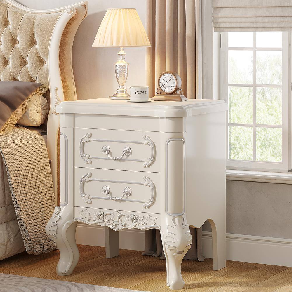 Cream White Carved Wood Nightstand with Silver Accents and 2 Drawers