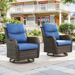 Brown Swivel Glider Wicker Outdoor Rocking Chair with Blue Cushions (2-Pack)