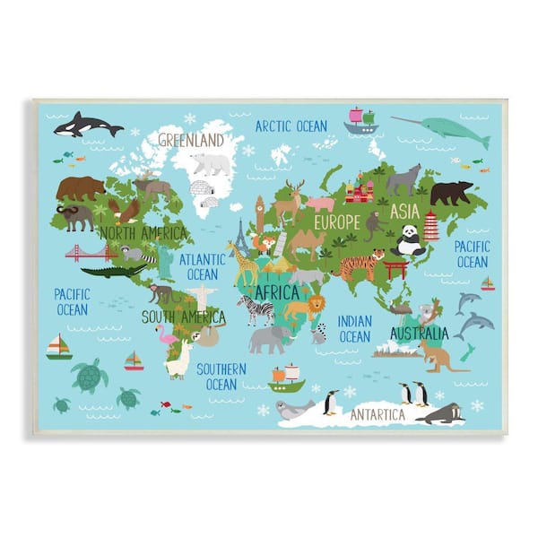Stupell Industries "Kid's Animal World Map Favorite Regional Wildlife" by Lisa Whitebutton Unframed Print Animal Wall Art 13 in. x 19 in.