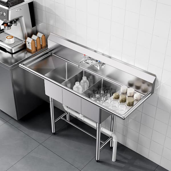 54 in. 3 Compartment Sink, 18-Gauge 304 Stainless Steel, 10 in. x 14 in. x 10 in. Commercial Sink, 1 Compartment