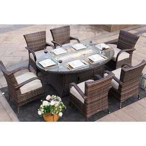 Tito Brown 7-Piece Alu Patio Fire Pit Conversation Sofa Set with Beige Cushions