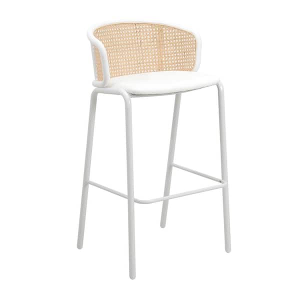 Leisuremod Ervilla Modern 29.5 in Wicker Bar Stool with Fabric Seat and White Powder Coated Metal Frame (White)