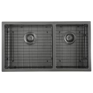 Prestige Series Undermount Stainless Steel 32 in. Double Bowl Kitchen Sink in Black PVD Nano Finish Grid and Strainer