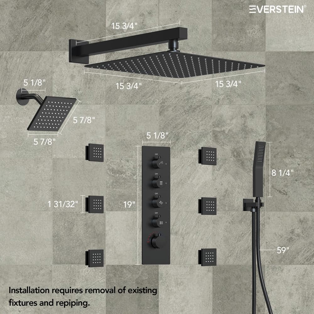 Matte Black Dual Shower Head System with Thermostatic Valve and Body Jets