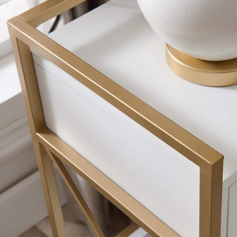 White and Gold Metal Nightstand with USB Charging