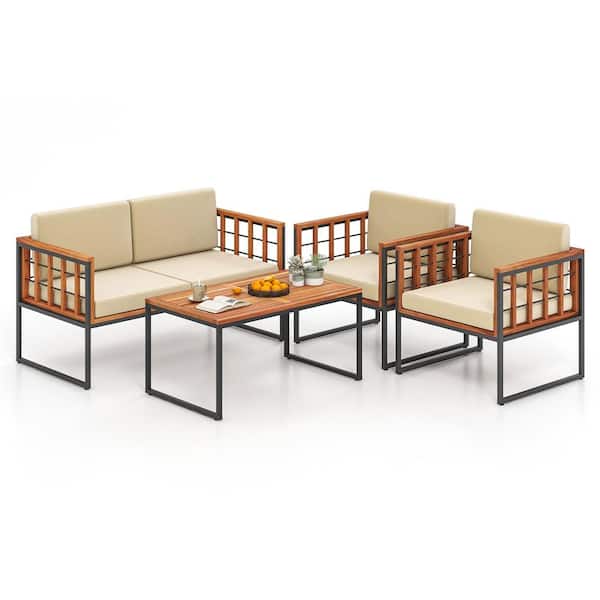 Costway 4-Piece Wood Patio Conversation Set with CushionGuard Beige