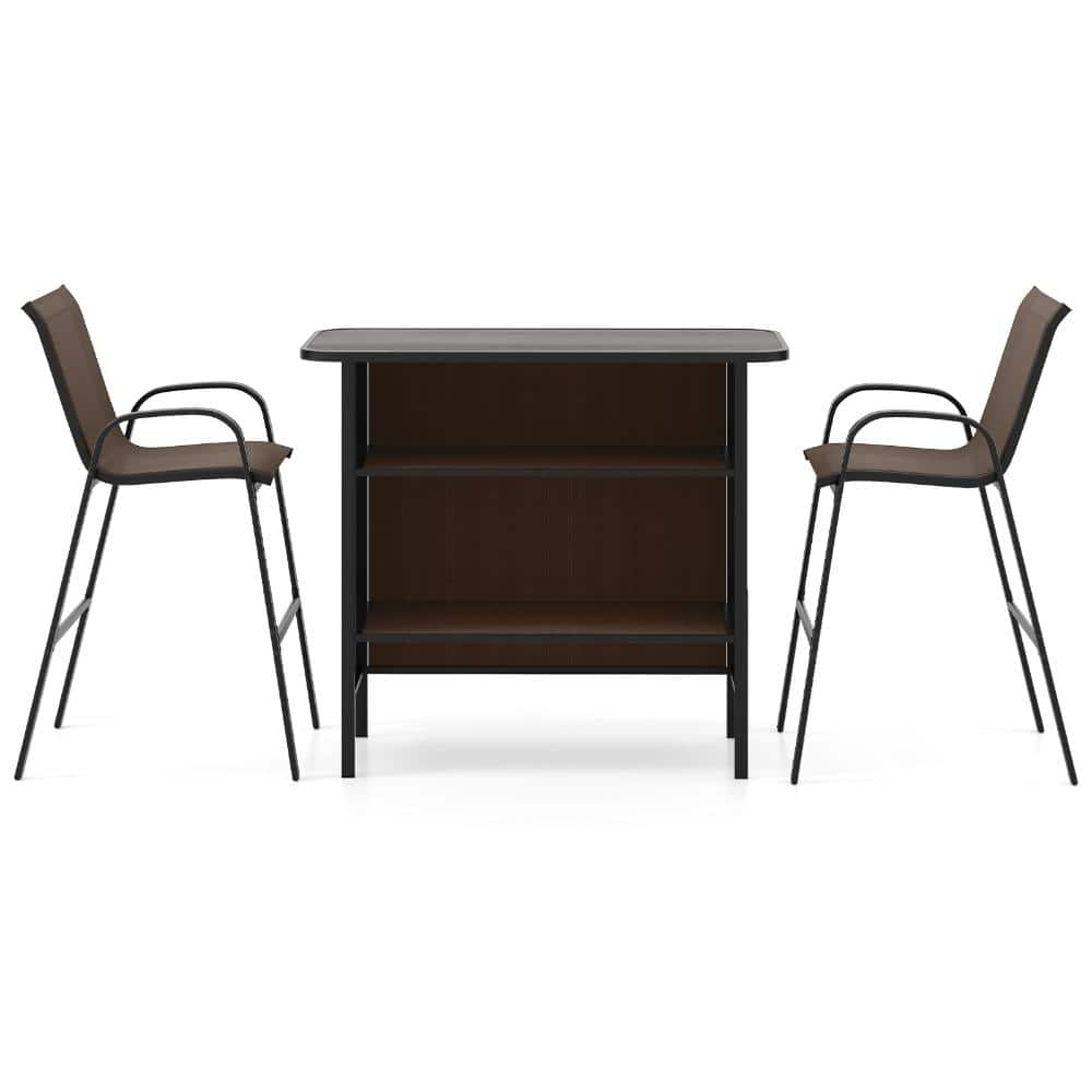 3-Piece Outdoor Bar Set with 2 Fabric Chairs and 2-Tier Shelf Table, Coffee