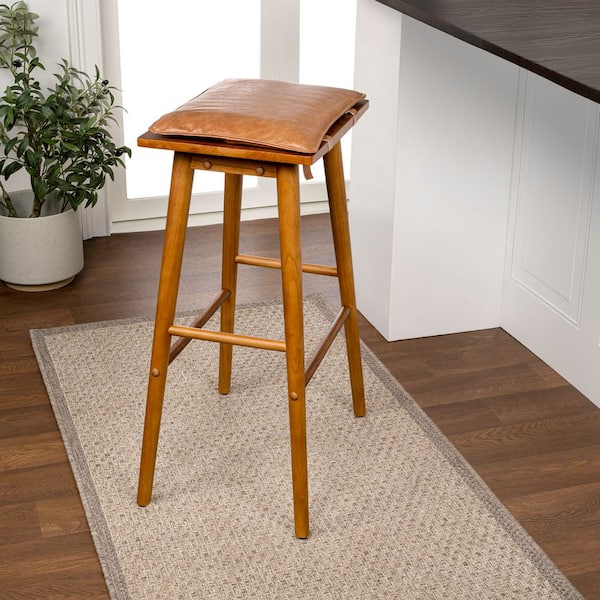 Peroni 30.5 in. Classic Saddle-Seat Solid Wood/Vegan Leather Backless Bar Stool with Removeable Cushion, Chestnut Brown