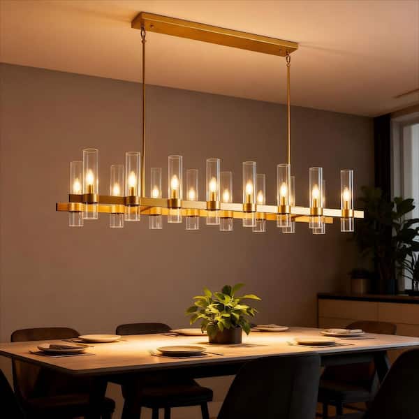 16-Light Gold Chandelier, 54 in. Modern Farmhouse Linear Chandelier, Luxury Ceiling Pendant Light for Dining Room