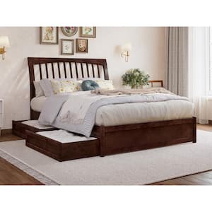 Roslyn Walnut Brown Solid Wood Frame Full Platform Bed with Panel Footboard Storage Drawers