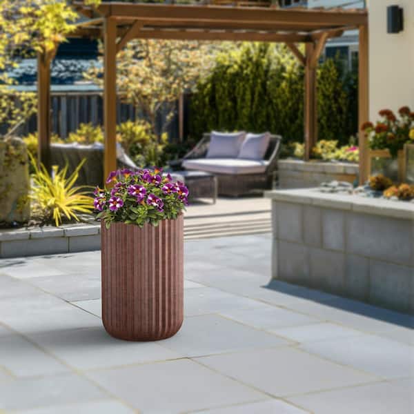 Morrava 14 in. Large Earthy Brown (Enhanced Interior) Concrete Round Planter/Pot with Drainage Holes and Vertical Ribbed Texture