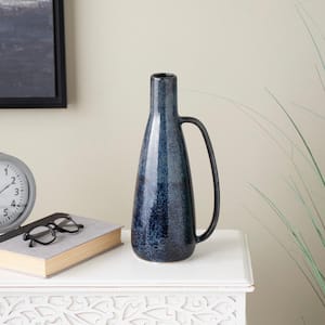 Dark Blue Textured Ceramic Decorative Vase with Long Curved Handle