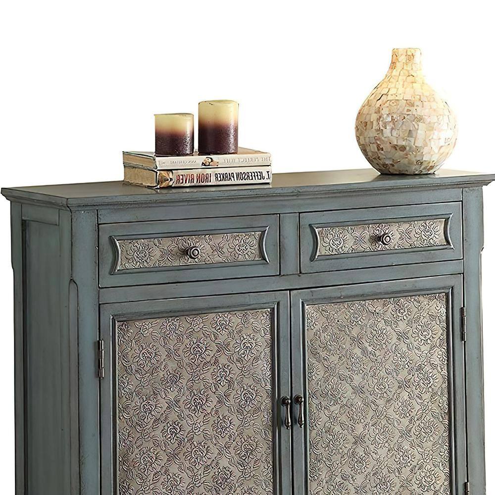 Antique Blue Wood and Metal Console Table with Storage