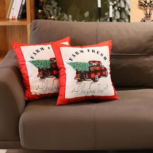 Christmas Truck Decorative Throw Pillow Square 18 in. x 18 in. Red and White and Green for Couch, Bedding Set of 2