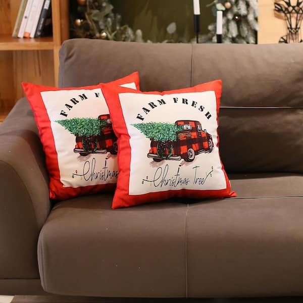 Mike&Co. New York Christmas Plaid & Truck Decorative Throw Pillow Set of 4 - White - 18 x 18 in