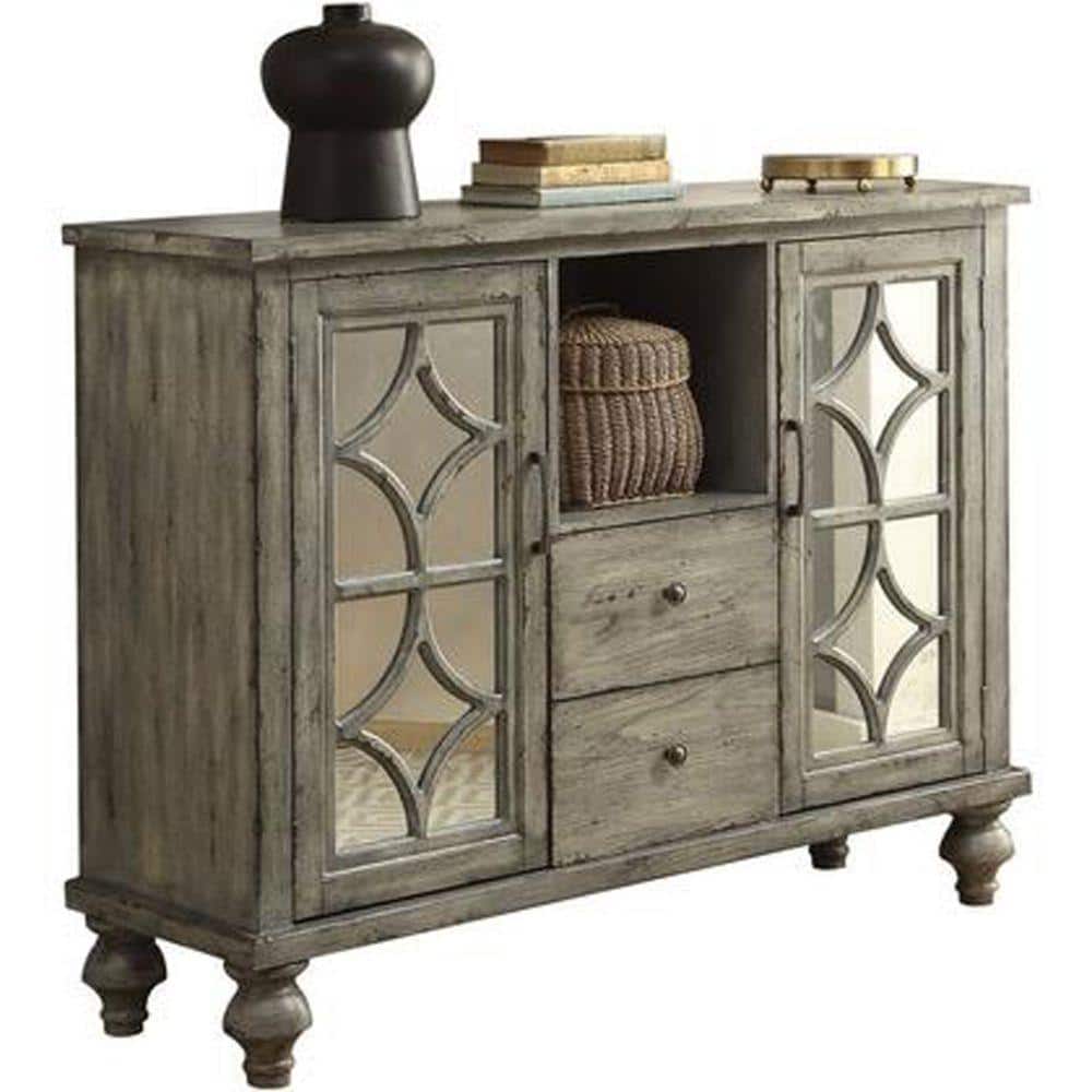 Weathered Gray Mirrored Console Table with Diamond Trim Inlay