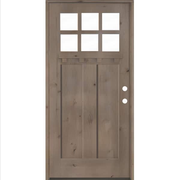 36 in. x 80 in. Knotty Alder Left-Hand/Inswing 6 Lite Clear Glass Weathered Gray Stain Wood Prehung Front Door with DS
