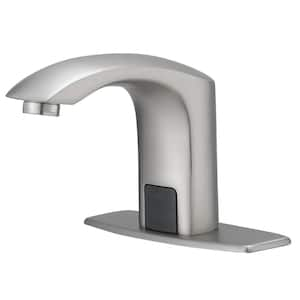 Touchless Low Arc Deck Mount Bathroom Sink Faucet With Deck Plate In Brushed Nickel