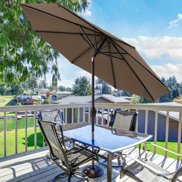 JOYESERY 9 ft. Round Market Aluminum Pole Patio Umbrellas with Tilt Button in Cedar Brown
