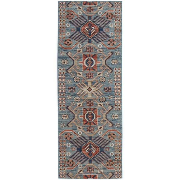 HomeRoots Blue, Orange 3 ft. x 8 ft. Abstract Area Runner