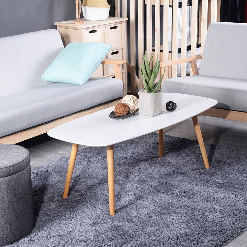 Homy Casa Kenna 43.3 in. White Rectangle MDF Top Cocktail Coffee Table with Solid Beech Wood Legs
