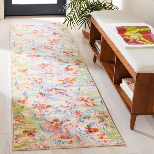 Paint Brush Blue/Blush Pink 2 ft. x 8 ft. Machine Washable Floral Leaf Runner Rug
