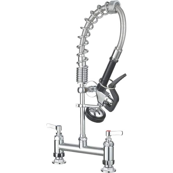BWE Commercial Restaurant Pull Down 2-Handle Deck Mount Pre-Rinse Spray Utility Kitchen Faucet 8 in. Center in Chrome