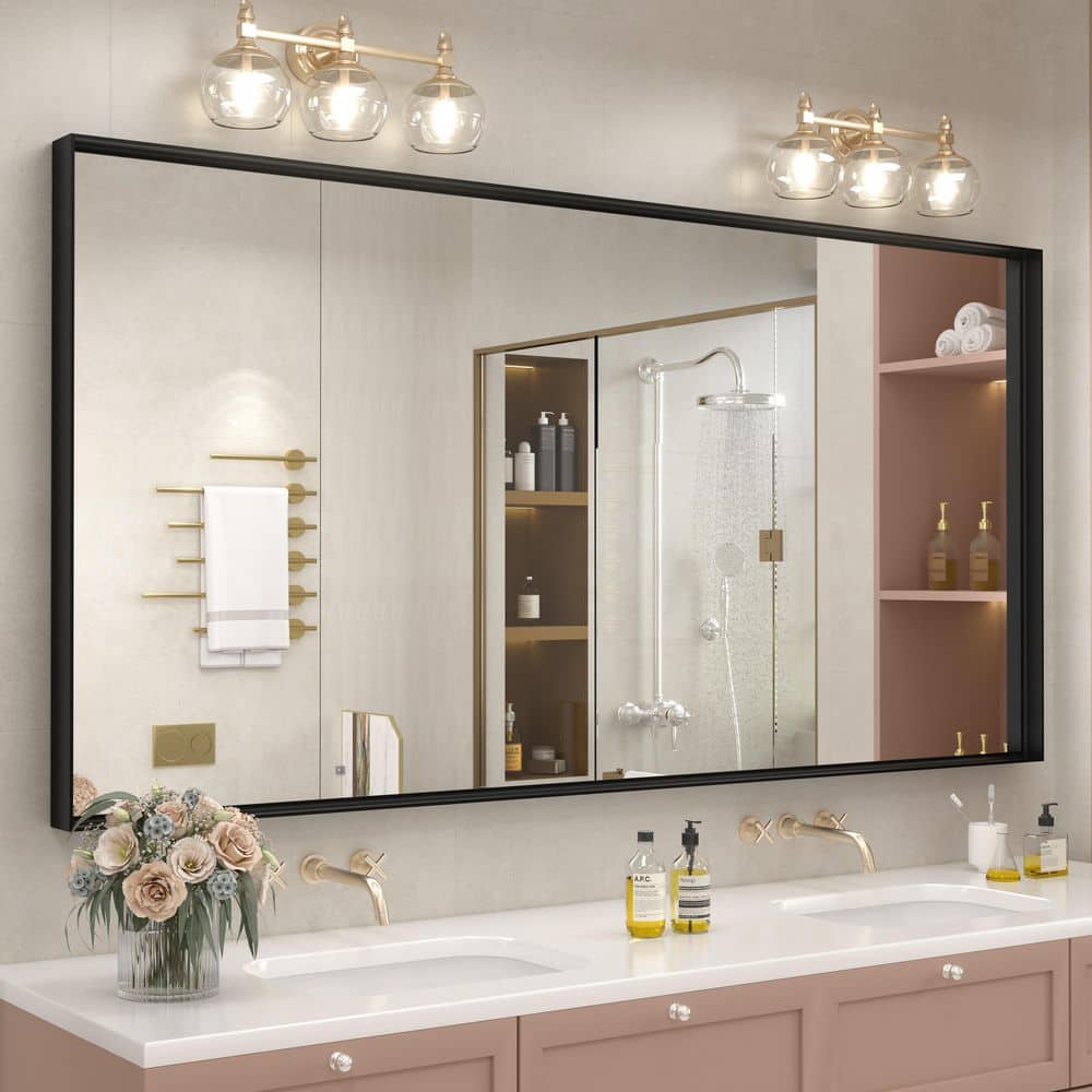 72 in. W x 36 in. H Rectangular Aluminum Alloy Framed and Tempered Glass Wall Bathroom Vanity Mirror in Matte Black price history on PriceWatchPro