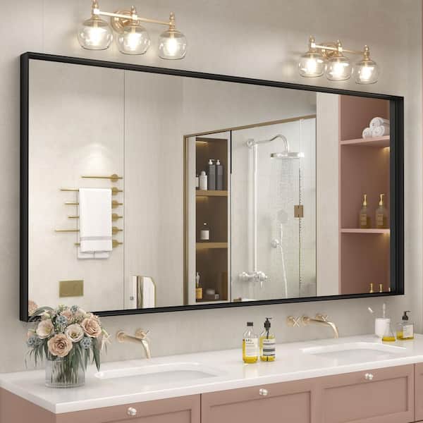 Apmir 72 in. W x 36 in. H Rectangular Aluminum Alloy Framed and Tempered Glass Wall Bathroom Vanity Mirror in Matte Black