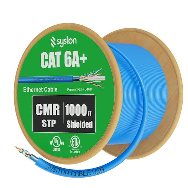 1000ft. Blue Shielded Cat 6A CMR-Riser Ethernet Network Cable 700 MHz 23 AWG Copper Wire Cable UV Heat Resistant No Ends