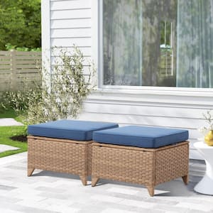 ArcoBay Metal and Yellow Wicker Outdoor Ottoman with Olefin Navy Blue Cushion (2-Pack)