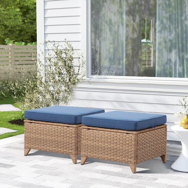 Opohoro Yellow Wicker Outdoor Ottoman, All-Weather Patio Ottomans (Set of 2) PE Wicker Steel Frame with Blue Cushions (2-Pack)